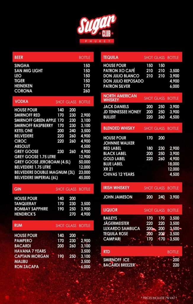 sugar club phuket menu